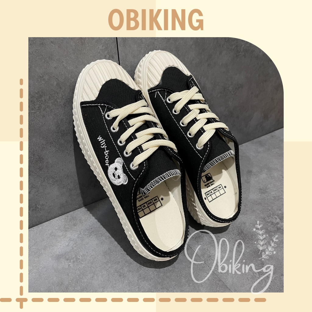 Giày sục thêu hình gấu, đạp gót độn đế 3cm