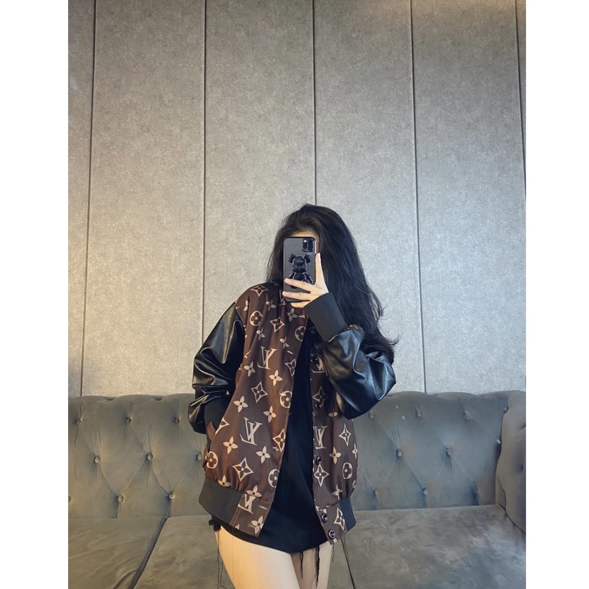 Áo Bomber LV Da Nâu ❤ Áo Khoác Nỉ Tay Da Nam Nữ NVA187