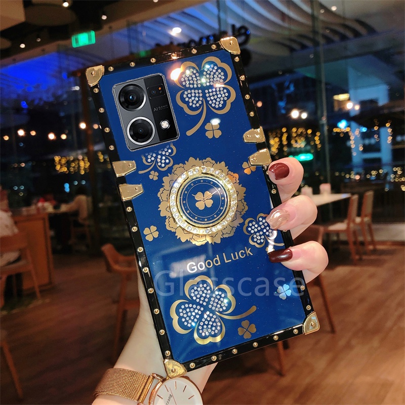 Ốp Điện Thoại Hình Cỏ Ba Lá Đính Đá Gắn Nhẫn Đỡ Cho Oppo Reno 7 7Z 8 5 6 Pro Reno7 Reno8 Z 4G 5G