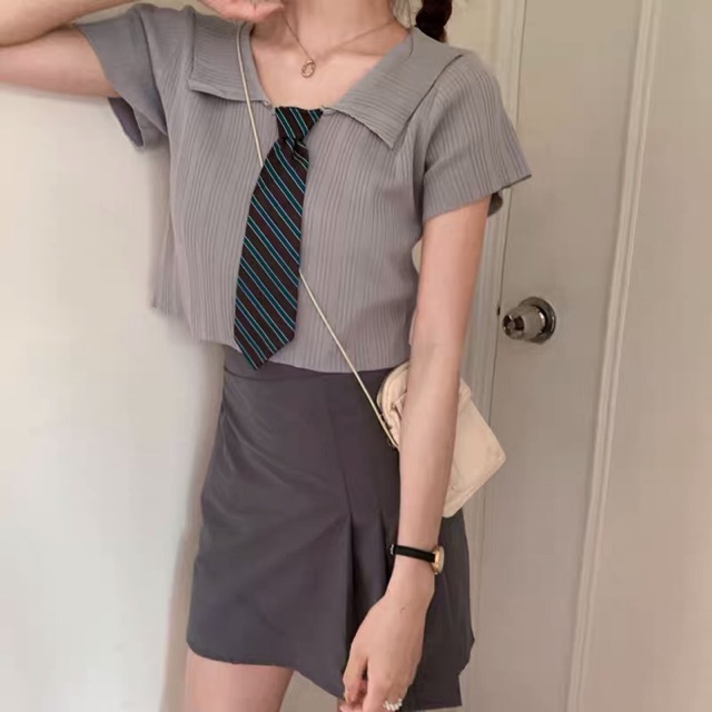 Áo Croptop Thun Gân Kiểu Kèm Cà Vạt Quảng Châu Ulzzang Hàn Quốc Cực Cinh Giá Rẻ