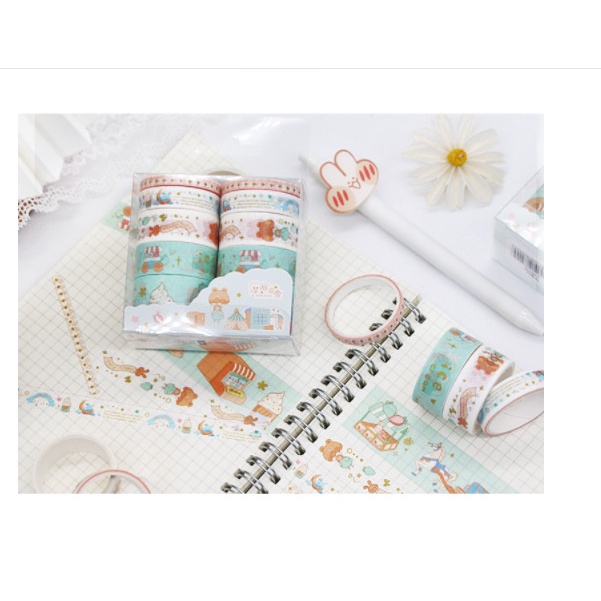 Hộp 10 cuộn băng dán washi tape mix mẫu cute dùng để trang trí sổ tay, nhật ký Journal, album