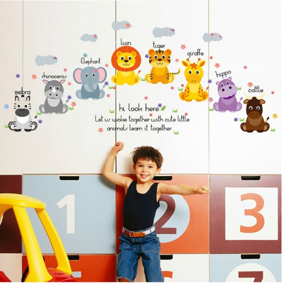 Decal trang trí Thú kèm tên Tiếng Anh Hi Look Here