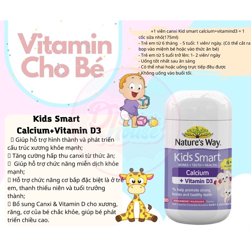 Kẹo Dẻo Canxi Cho Bé Nature’s Way Kids Smart Vita Gummies Calcium + Vitamin D 60 Viên