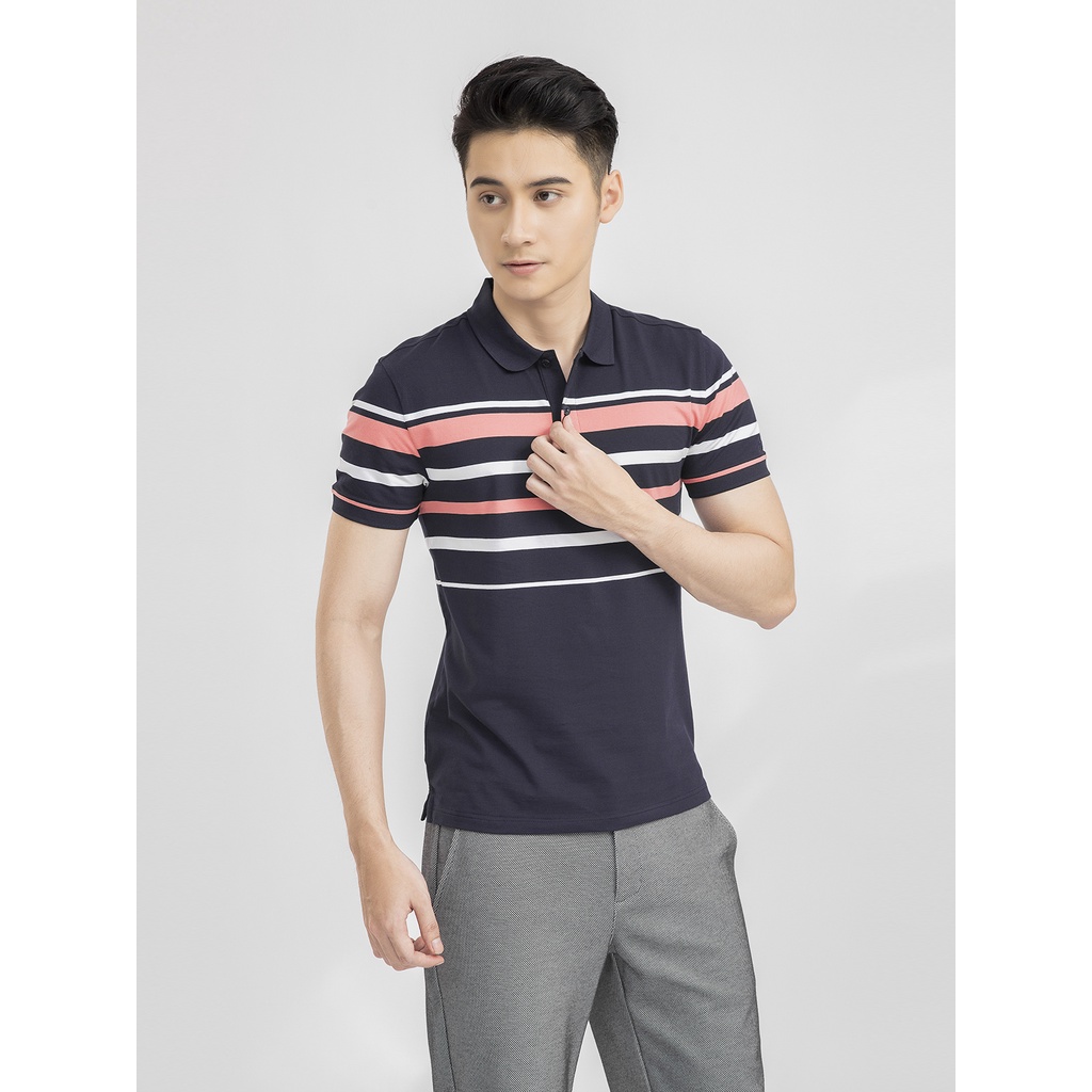 Áo thun ngắn tay có cổ cho nam ARISTINO hoạ tiết kẻ ngang phối màu, mềm nhẹ thấm hút tốt - APS001S1