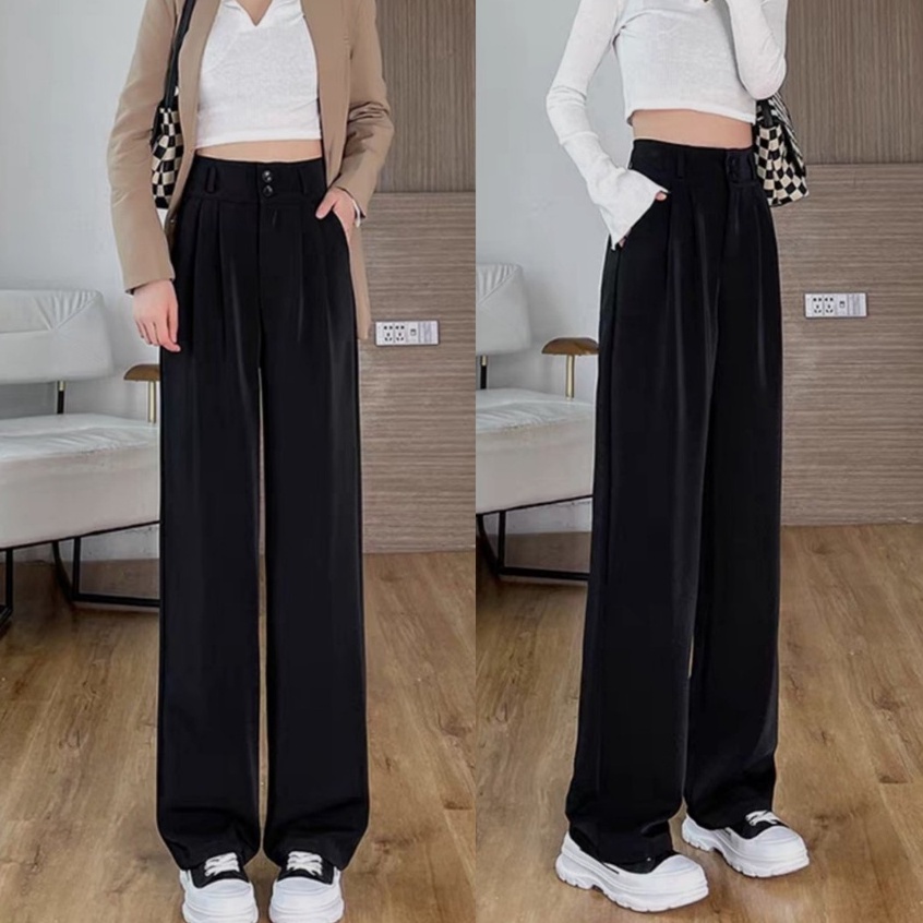 Quần tây đen ống rộng suông dài đi học Hàn Quốc phong cách Ulzzang Quần culottes ống rộng nữ chất vải mềm cạp cao 2 khuy