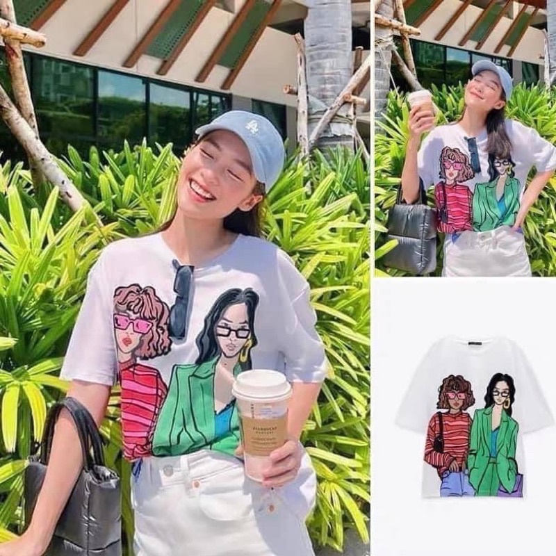 Áo Phông Za.Ra Tuồn Form Rộng, Áo Thun In Hình 2 Cô Gái Hàng QC (Hình Thật Shop Chụp)