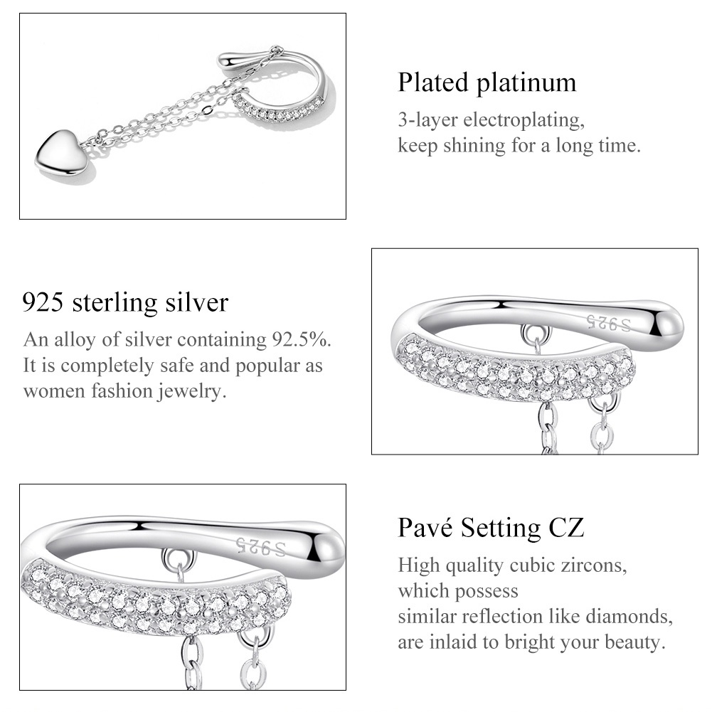 Khuyên tai đơn BAMOER bạc 925 dạng kẹp trang trí trái tim thời trang xinh xắn