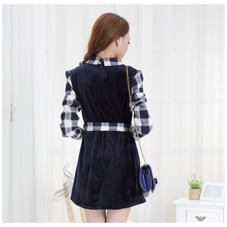 Đầm sơ mi nữ phối kẻ caro kèm dây thắt eo D23