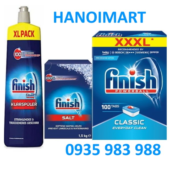  Combo 100 viên rửa bát Finish + 1.5kg Muối rửa chén finish + Nước bóng Finish 750ml