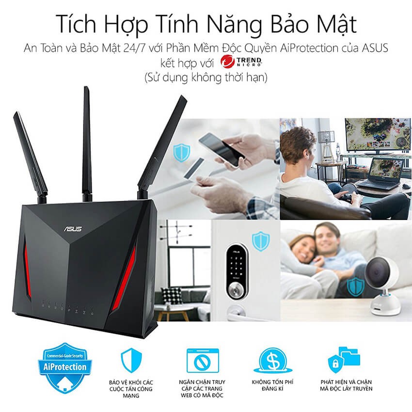 Bộ phát wifi Asus Gaming RT-AC86U AC2900Mbps MU-MIMO, AiMesh (Chính hãng)