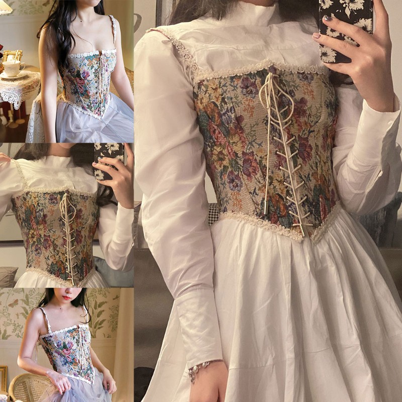 Áo nịt ngực hai dây dáng ngắn ôm sát in họa tiết hoa quyến rũ phong cách cổ điển thanh lịch dành cho nữ