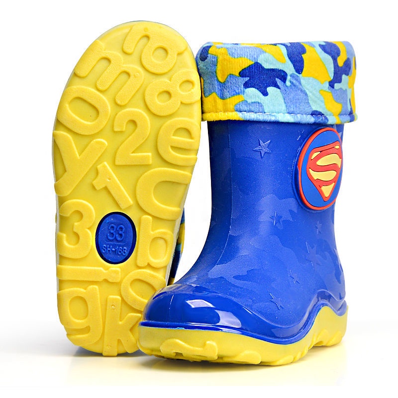 giày đi mưa trẻ em mùa đông, bé trai và gái, lớn, siêu nhân, học sinh, giầy chống trượt nước cao su kép nhung,