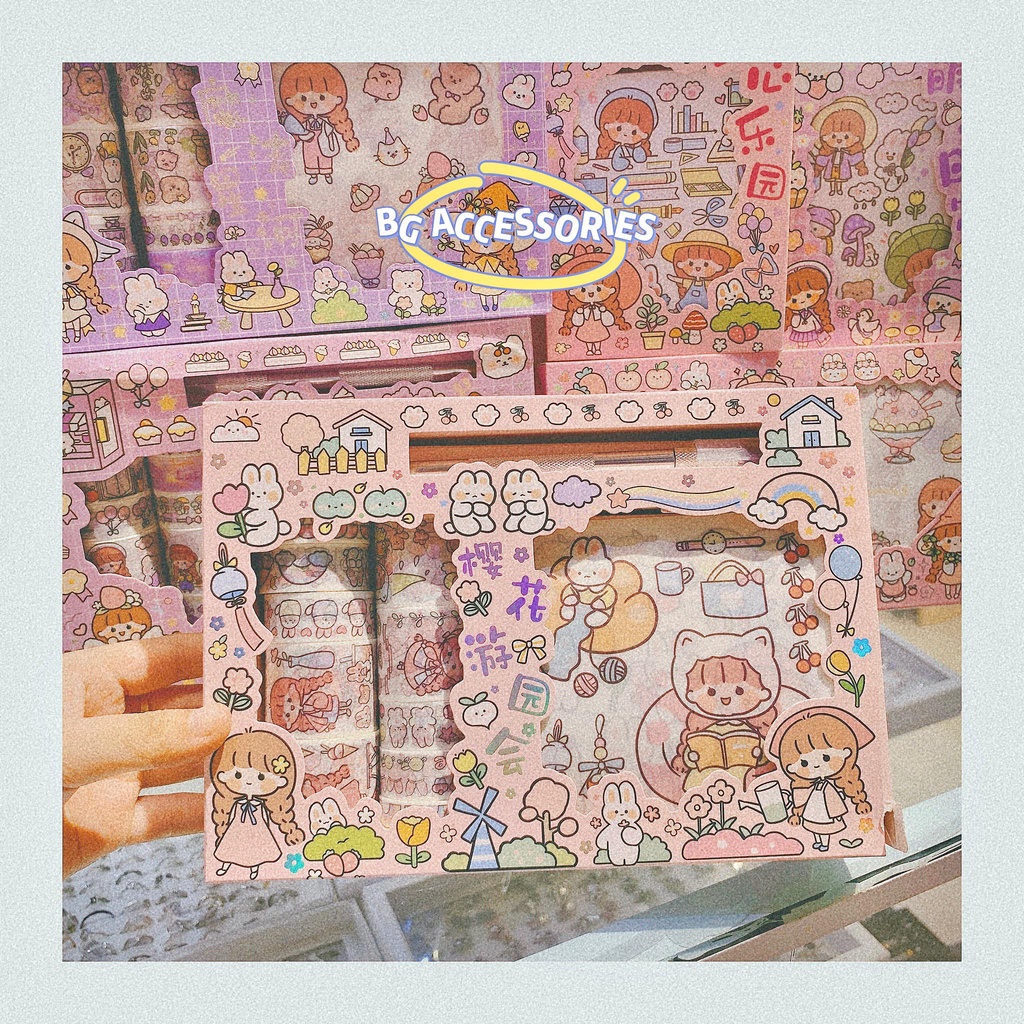 Hộp Sticker Và Washi Kèm Dao Rọc Giấy,Hộp Sticker Dễ Thương Có Dao Cắt