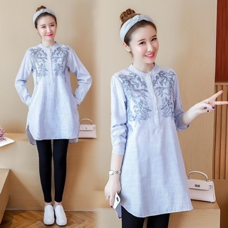 Áo bầu công sở thêu hoa dáng dài