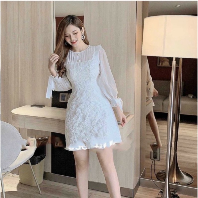 ĐẦM GẤM PHỐI CỔ VOAN TRẮNG XẾP LI TAY PHỒNG