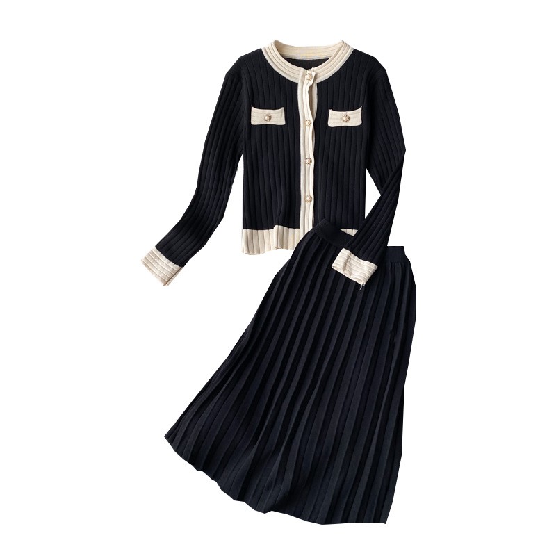 Set váy áo len thanh lịch chân váy xếp ly và áo khoác len cardigan áo chui đầu Đ254