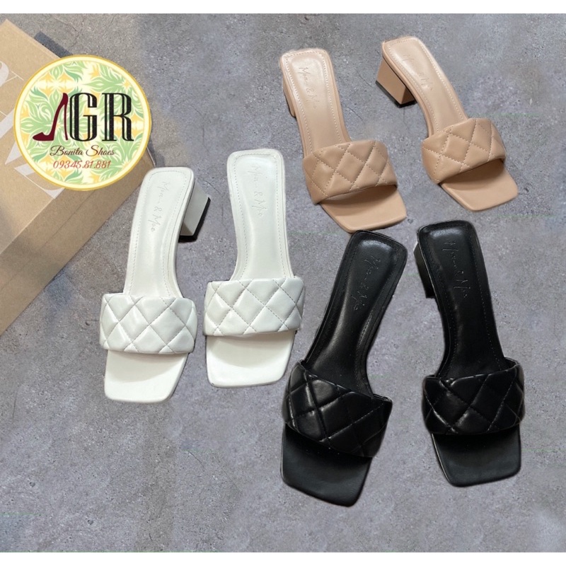Guốc bản đan phồng x da mềm gót vuông 3 cm