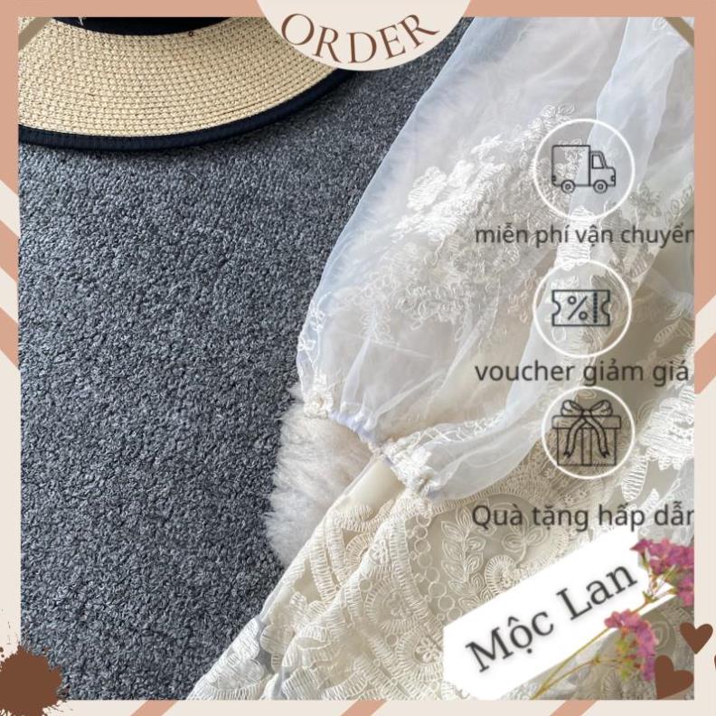 (MộcLan ORDER) Đầm cổ vuông tay dài màu be mix trắng chất voan mix ren hoa có size - hàng chuẩn | BigBuy360 - bigbuy360.vn