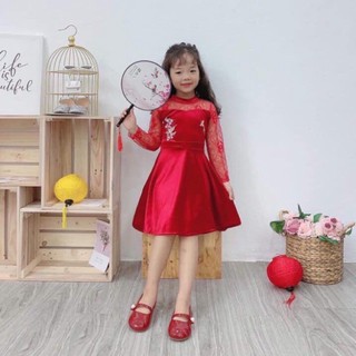 Xả Váy nhung ren đỏ thêu cho bé gái