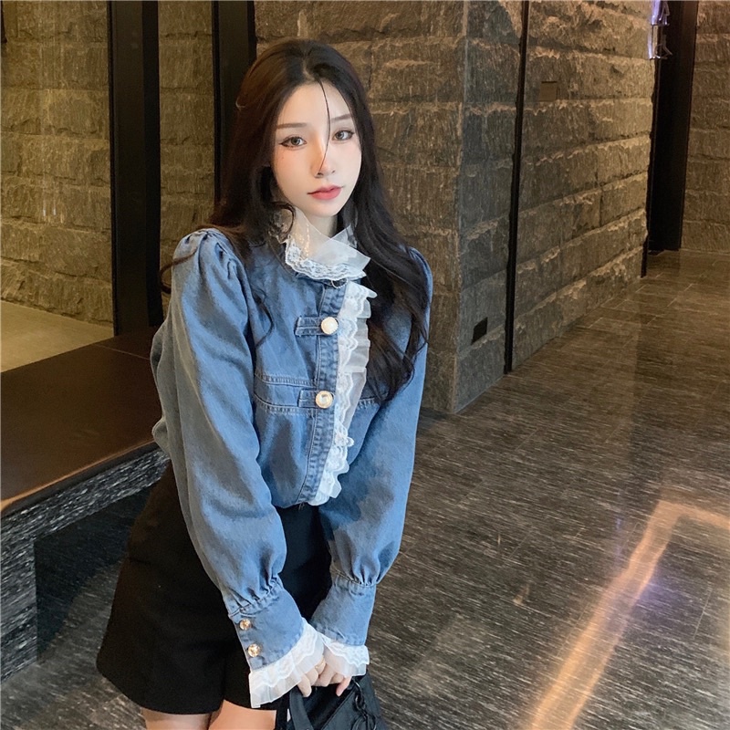áo sơ mi denim viền ren koreastyle