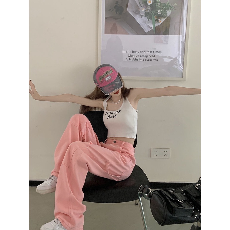 Jiashucheng Quần Jean Ống Rộng Lưng Cao Màu Hồng Có Size Lớn Cho Nữ