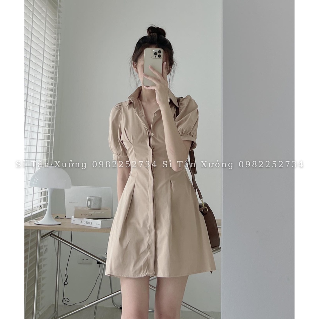 Váy sơ mi dáng suông tay bồng dáng dài chất thô mềm siêu đẹp váy sơ mi tay bồng 5918