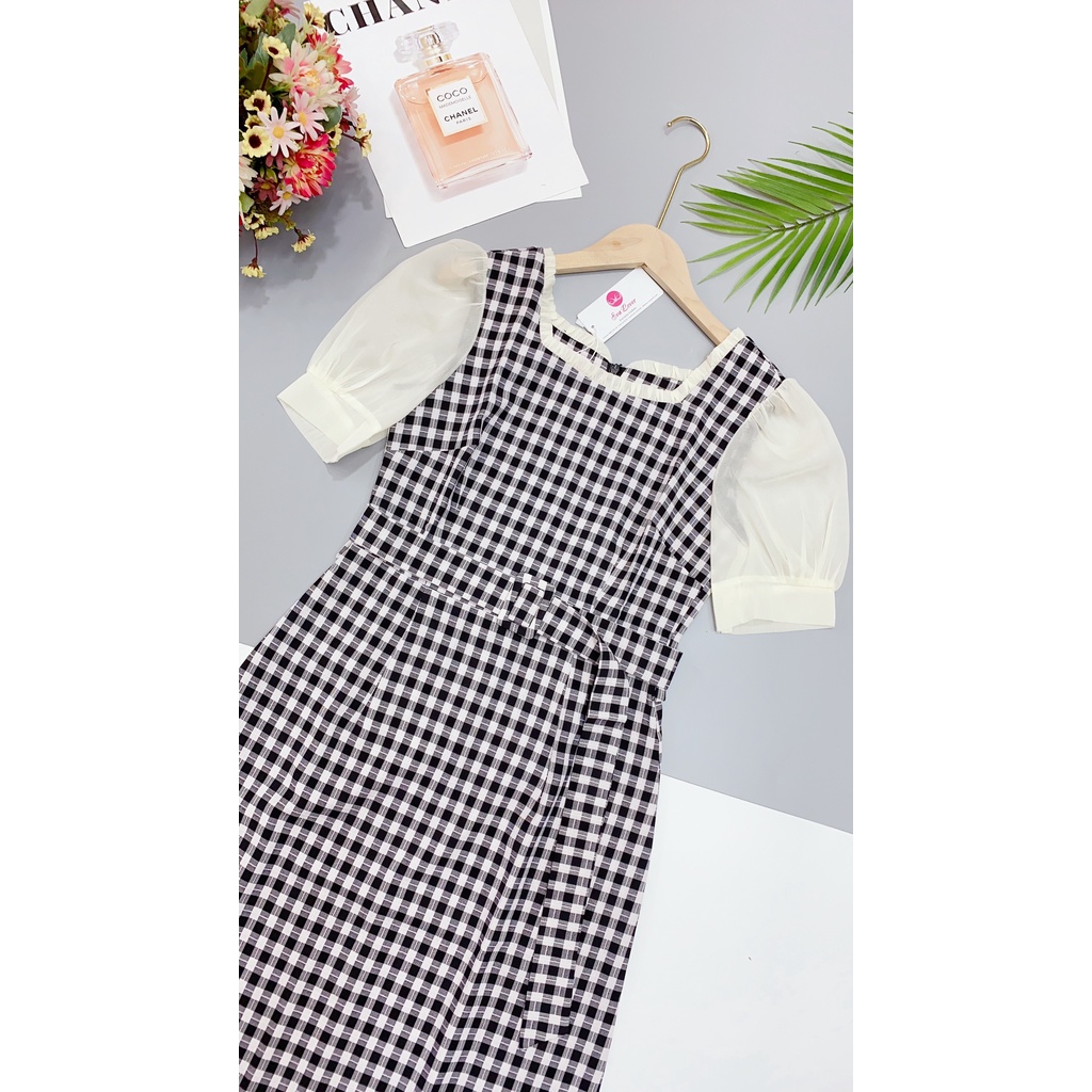 [Mã LT50 giảm 50k đơn 250k] Váy dáng a công sở kẻ caro cổ vuông tay voan có dây đai eo thương hiệu thời trang evalover | BigBuy360 - bigbuy360.vn