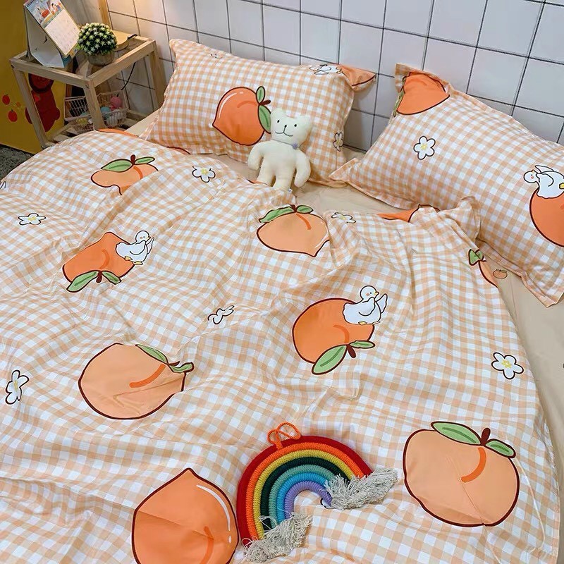 Bộ chăn ga gối Cotton poly M2T bedding, vỏ chăn mền, drap ga giường và 2 vỏ gối - PL Đào cam kẻ