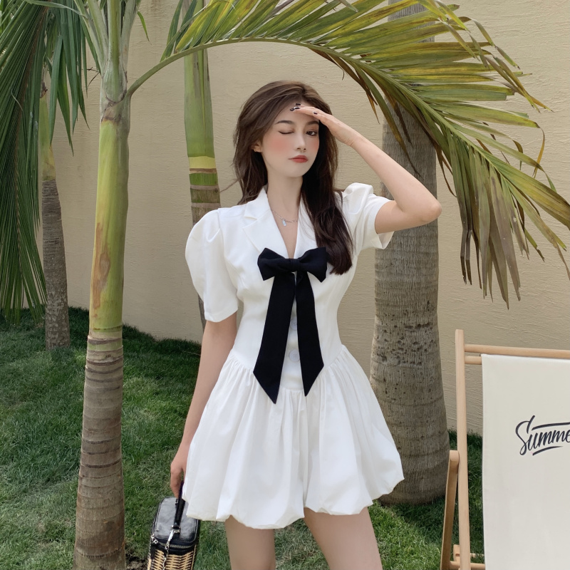 Đầm tay ngắn phồng đính nơ thời trang mùa hè sang trọng cho nữ