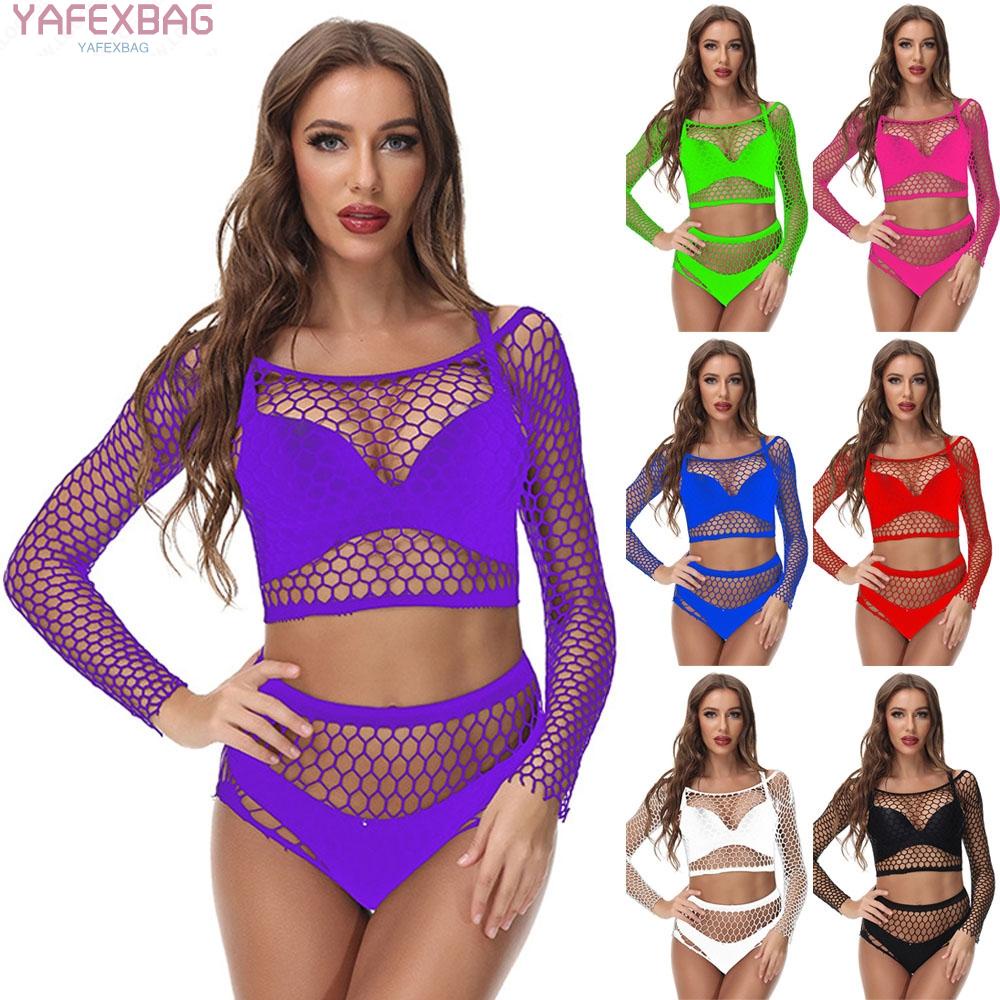 Sexy Women Fishnet See Through Crop Top T-Shirt Panties Bodysuit Set Nightwear High Quality