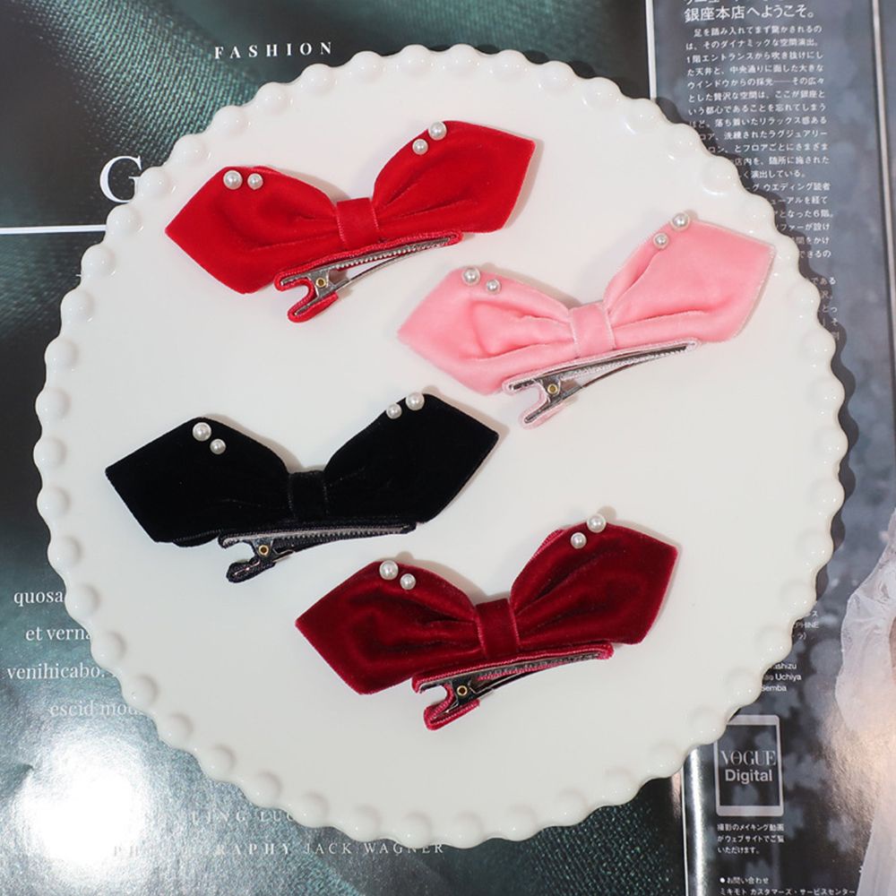 Set 2 kẹp tóc nơ bằng vải nhung đính ngọc trai nhân tạo màu trơn dễ thương đơn giản phong cách Hàn Quốc cho bé gái