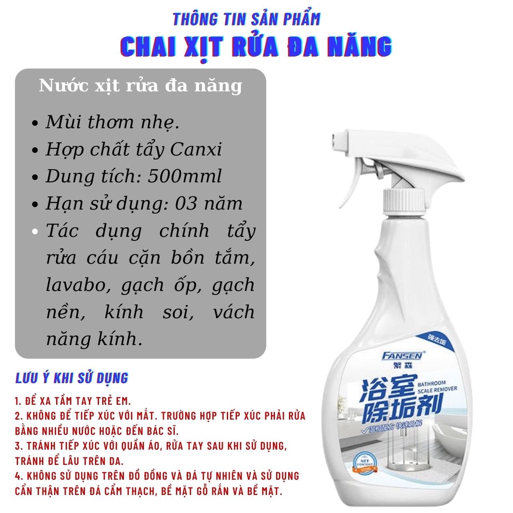 Bình xịt tẩy rửa đa năng siêu sạch tẩy cặn canxi trên kính và inox cho nhà tắm nhà bếp siêu sạch