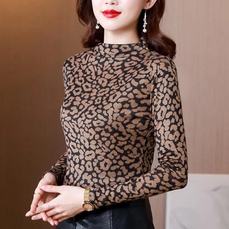 Áo thun tay dài họa tiết da báo thời trang thu đông cho phụ nữ trung niên