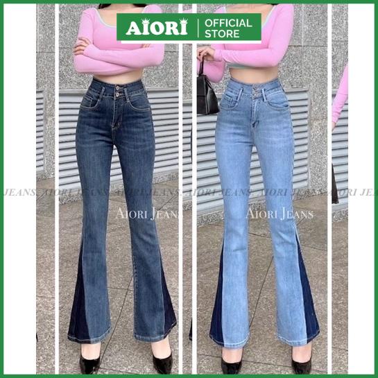 Quần Jean Ống Loe AIORI Lưng Cao 2 Nút Lai Màu Kiểu Vải Co Giãn Tốt_Mã_L008
