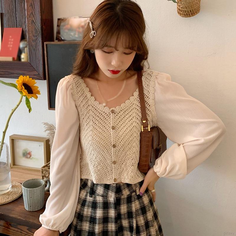 Áo Len Tay Dài Cổ Chữ V Phong Cách Retro Hàn Quốc Ngọt Ngào