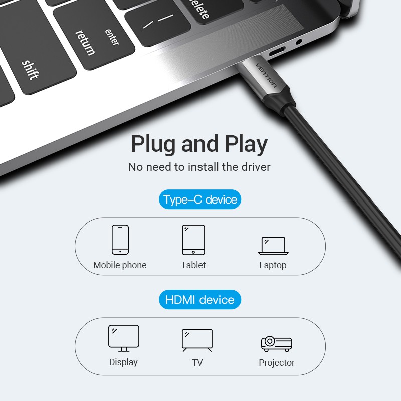 Cáp chuyển đổi VENTION USB Type-C sang 4K HDMI tương thích cổng sạc cho Huawei Matebook , Dell , Galaxy S10/S9