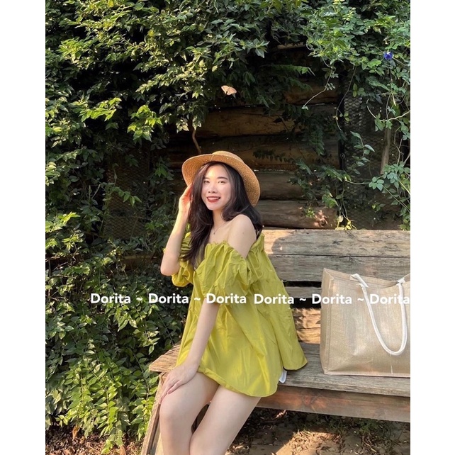 [Ảnh thật/Video] Áo trễ vai Dorita vải đũi xước, Áo váy Babydoll mặc 2 kiểu Hàn Quốc - Dorita Boutique