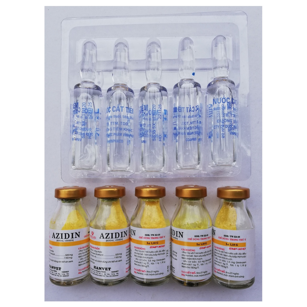 5 lọ Azidin 1,18g và 4 ống nước cất 10ml Dùng cho trâu, bò, ngựa, chó, mèo