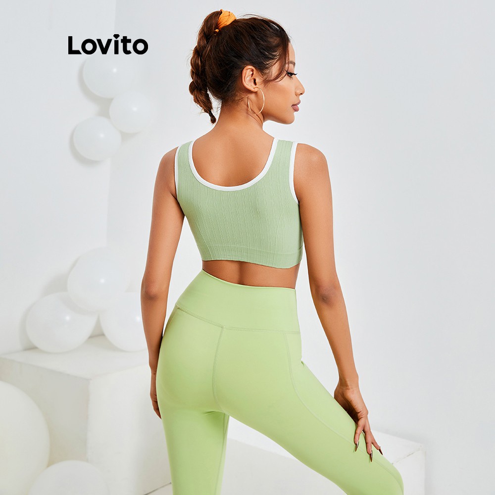 Áo Lovito cổ V dáng ôm siêu co giãn ghép nối màu sắc thoải mái L13X110 (màu xám / xanh lục)