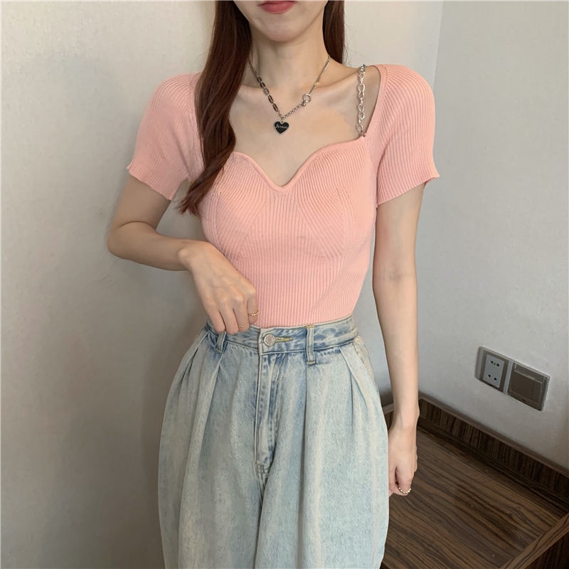 Áo Thun Ngắn Tay Cổ Vuông Phong Cách Mới Mùa Hè Cho Nữ