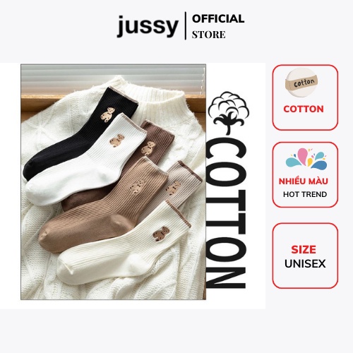 Tất Cổ Cao Màu Trắng Và Nâu Hình Gấu Cute Chất Liệu Cotton Thoáng Mát Free Size Phụ Kiện Hot Trend (1 ĐÔI)