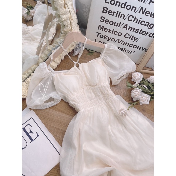 ĐẦM KEM MIDI CHÉO DÂY CỔ TAY BO