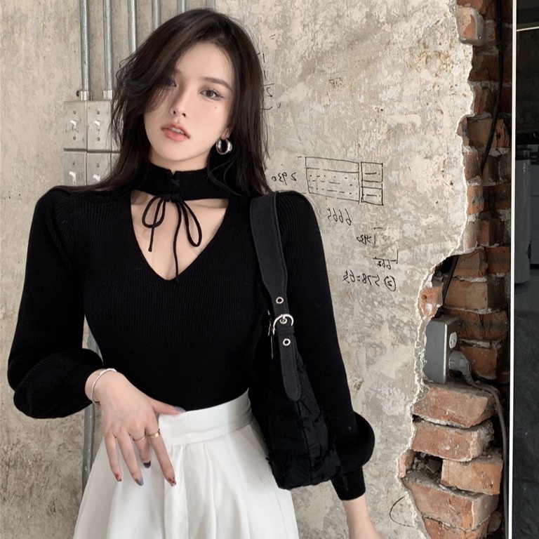 Áo sweater dệt kim ZHELIHANGFEI cổ V tay phồng gợi cảm thời trang cho nữ