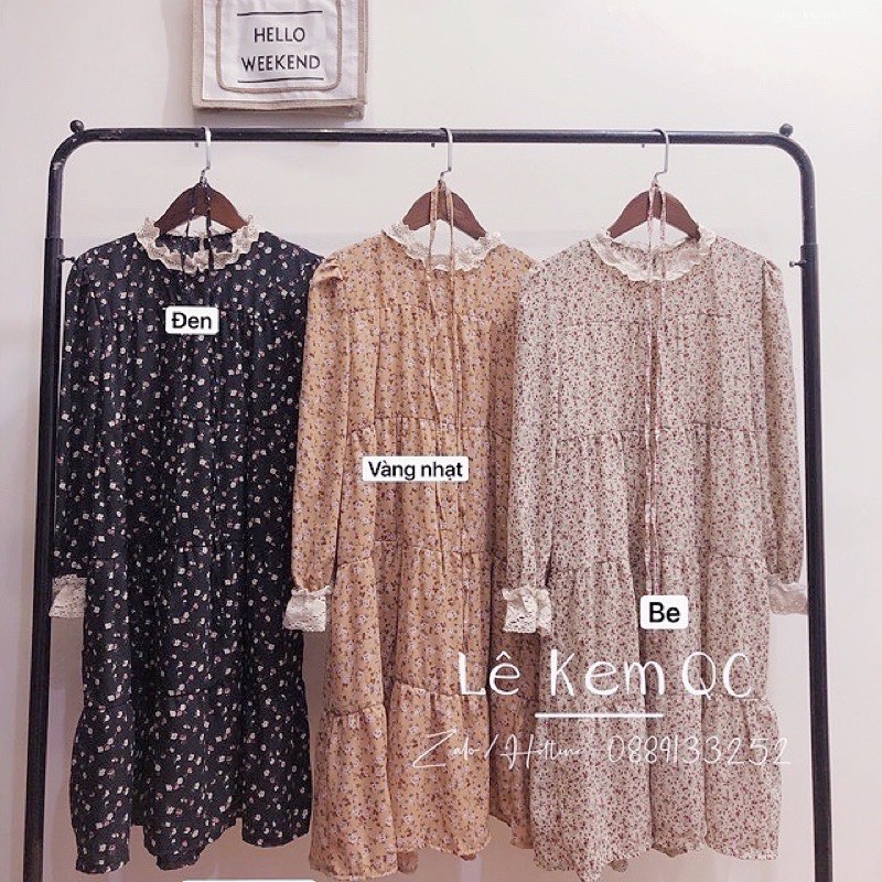 Váy Xuông Hoa Nhí Babydoll Dáng Dài Kèm Đai Cổ Ren Tay Ren Hàng QCCC
