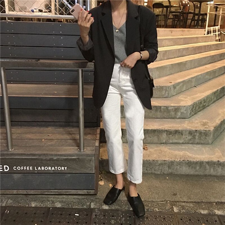 Áo Khoác Vest Màu Đen / Kaki Dáng Rộng Phong Cách Anh Quốc Thời Trang Thu Đông Cho Nữ Blazer
