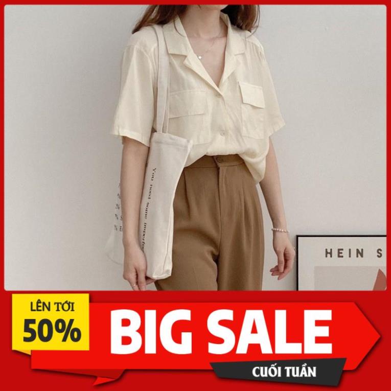 Áo sơ mi nữ cổ vest cộc tay hai túi ngực kiểu nắp, Áo sơ mi nữ cổ vest tay ngắn trơn thiết kế 2 túi nắp ngực Hàn Quốc *