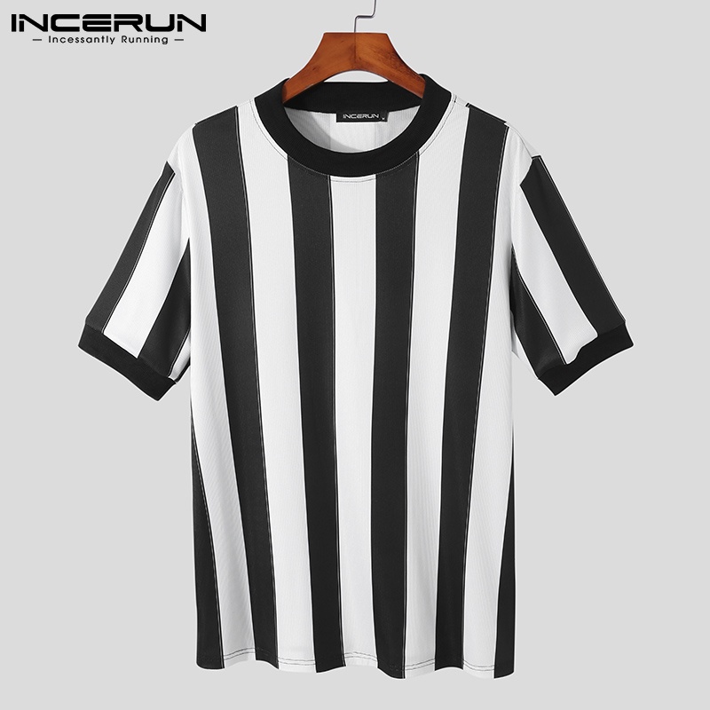 Áo thun Incerun ngắn tay cổ tròn họa tiết kẻ sọc 3 màu thời trang cho nam