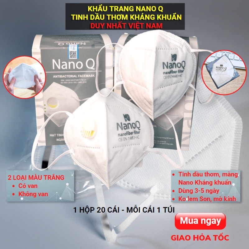 Khẩu trang Nano Q (1 hộp) 5 lớp N95 có màng lọc tinh dầu Nano hương bạc hà, dễ thở an toàn