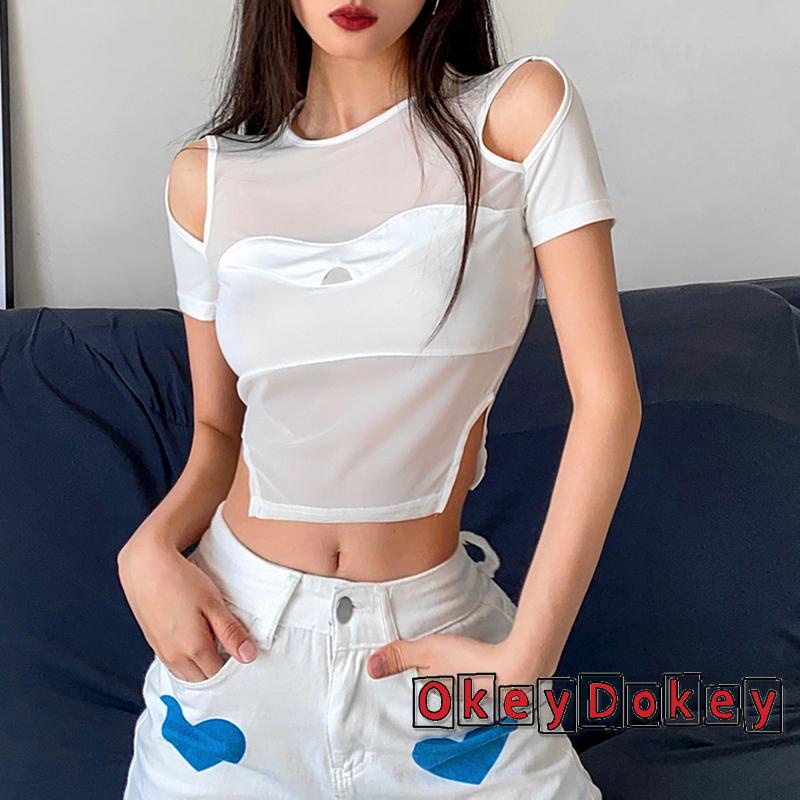 Áo Croptop Tay Ngắn Cổ Tròn Phối Lưới Thời Trang Mùa Hè Cho Nữ Size S/M/L