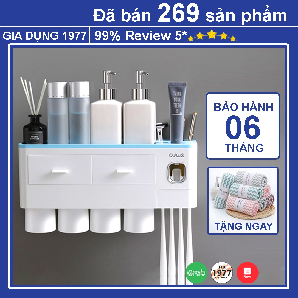 Bộ nhả kem đánh răng tự động, Kệ nhà tắm dán tường để đồ thông minh cao cấp 6 IN 1 sang trọng tiện lợi